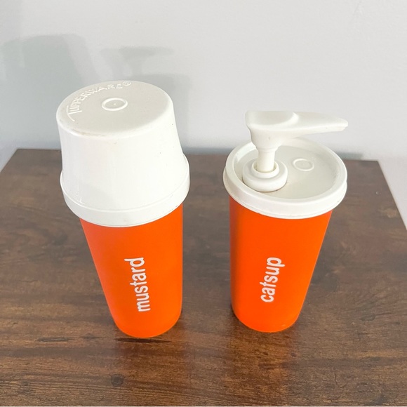 Vintage Tupperware Catsup Ketchup and Mustard Holder w Pump and One Cover Orange - Picture 5 of 6